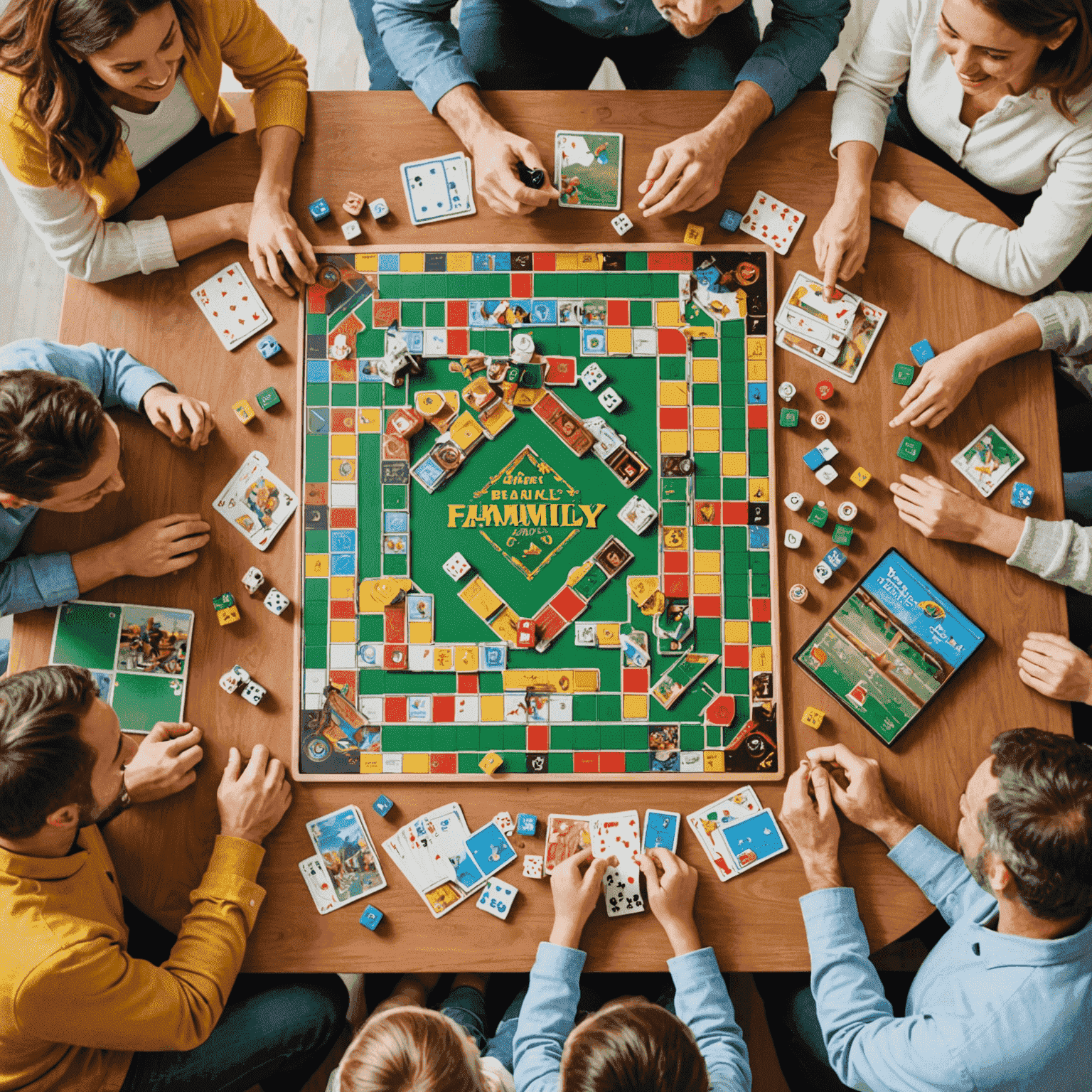 A collection of colorful family board games spread out on a table, with happy family members gathered around, ready to play. The image showcases various game pieces, dice, and cards from popular family-friendly games.