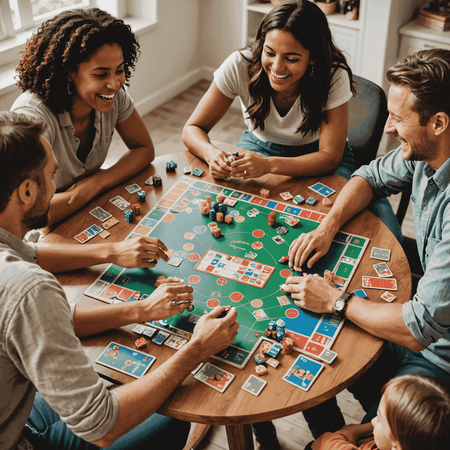 A group of family members gathered around a table, laughing and playing colorful board games. The image showcases various game pieces, cards, and boards spread out on the table.