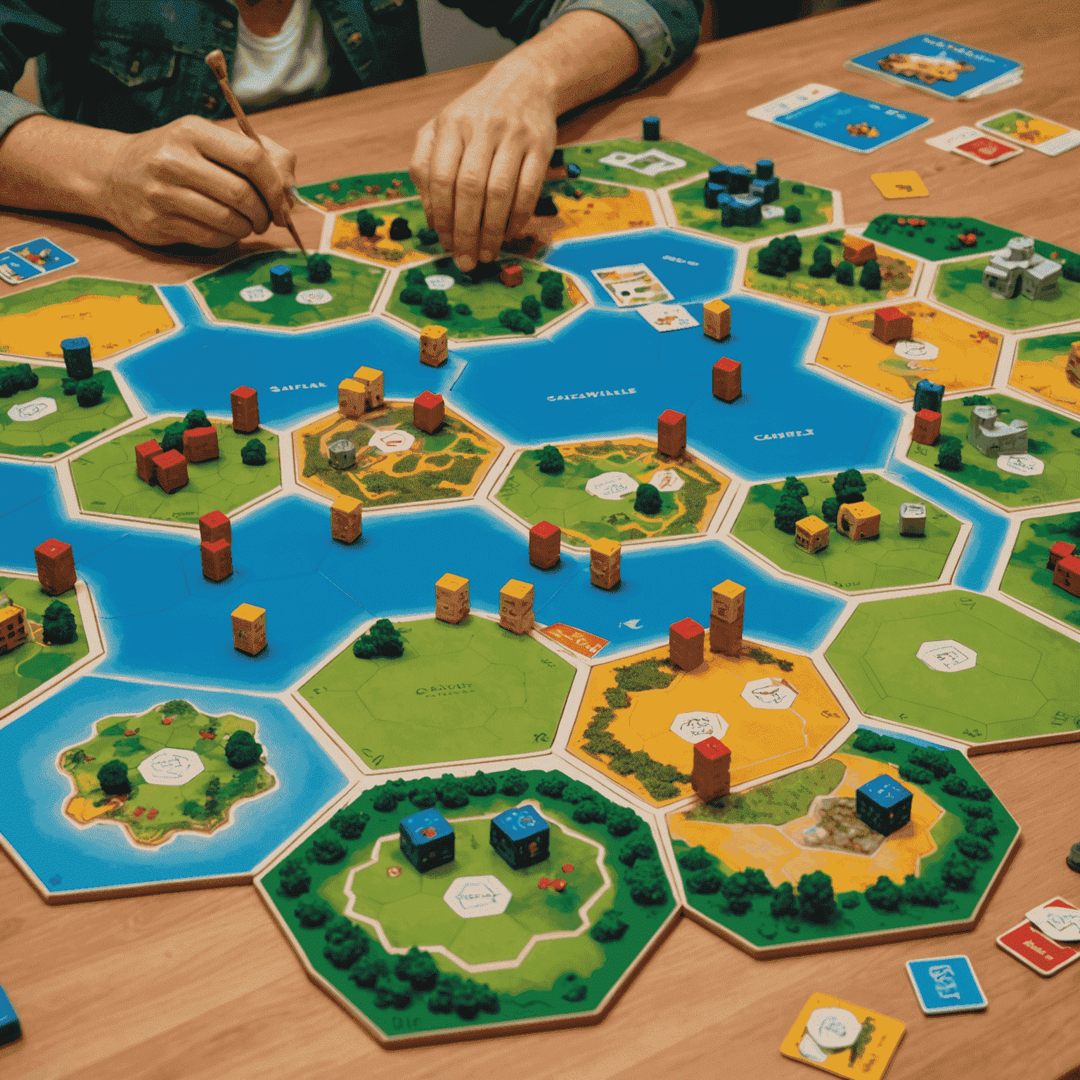 A family playing Catan: Family Edition, showcasing the colorful game board with settlements, roads, and resource cards