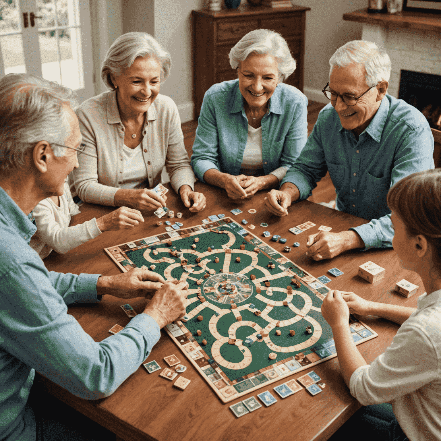 A multi-generational family gathered around a table, engrossed in a board game. Grandparents, parents, and children are smiling and interacting, with game pieces and cards spread out before them.