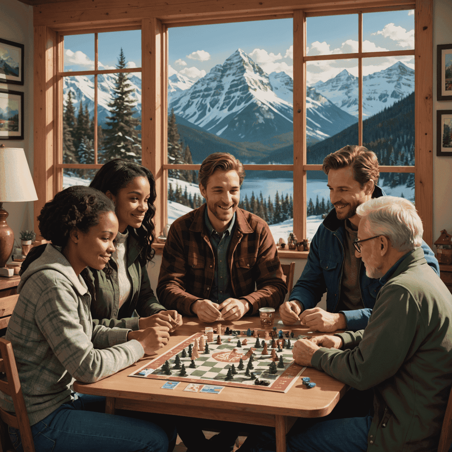 A diverse group of people gathered around a table, playing board games in a cozy Canadian-themed room with maple leaf decorations and a view of snowy mountains through the window