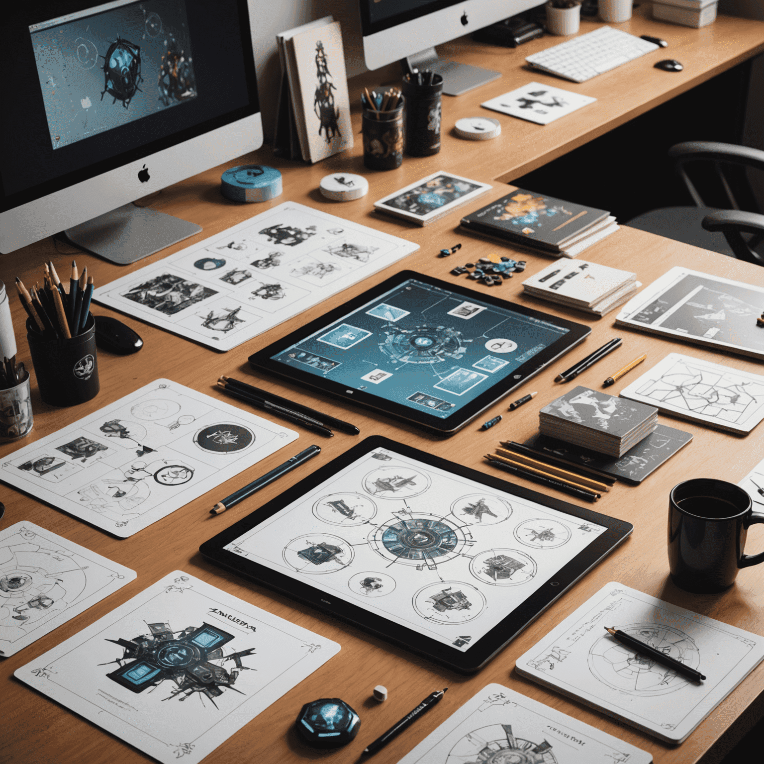 A behind-the-scenes look at Zanidia's game design process. The image shows a designer's desk with sketches of game boards, character designs, and prototype game pieces. There are also digital tablets displaying game artwork and mechanics.