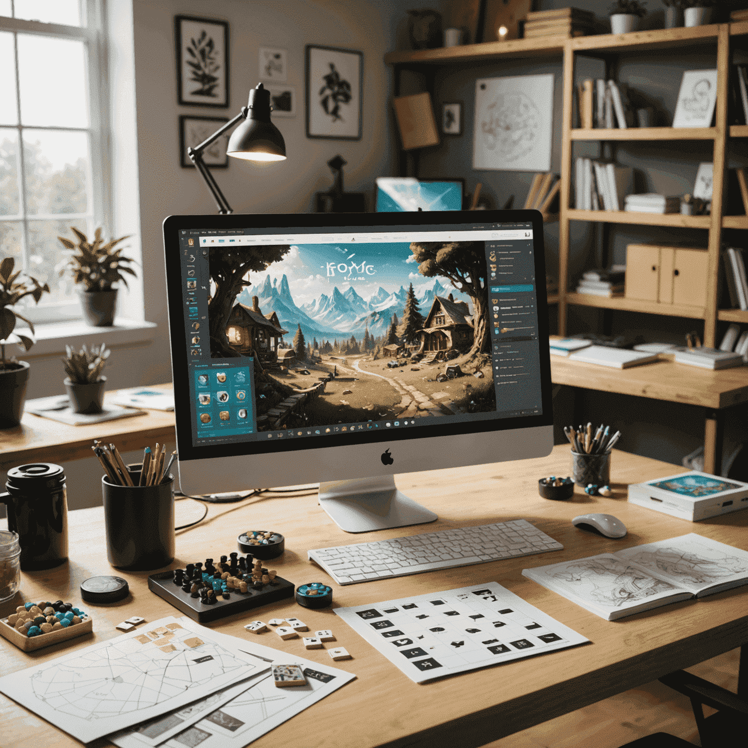 A creative workspace with game design elements, including sketches, prototype game pieces, and a computer showing digital designs. The image conveys the behind-the-scenes process of creating board games.