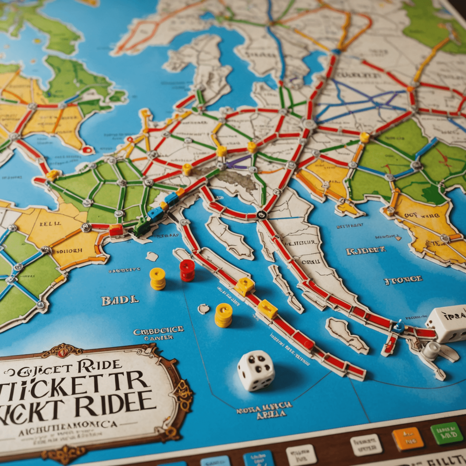 A close-up of the Ticket to Ride game board, featuring a map of North America with colorful train routes and player pieces