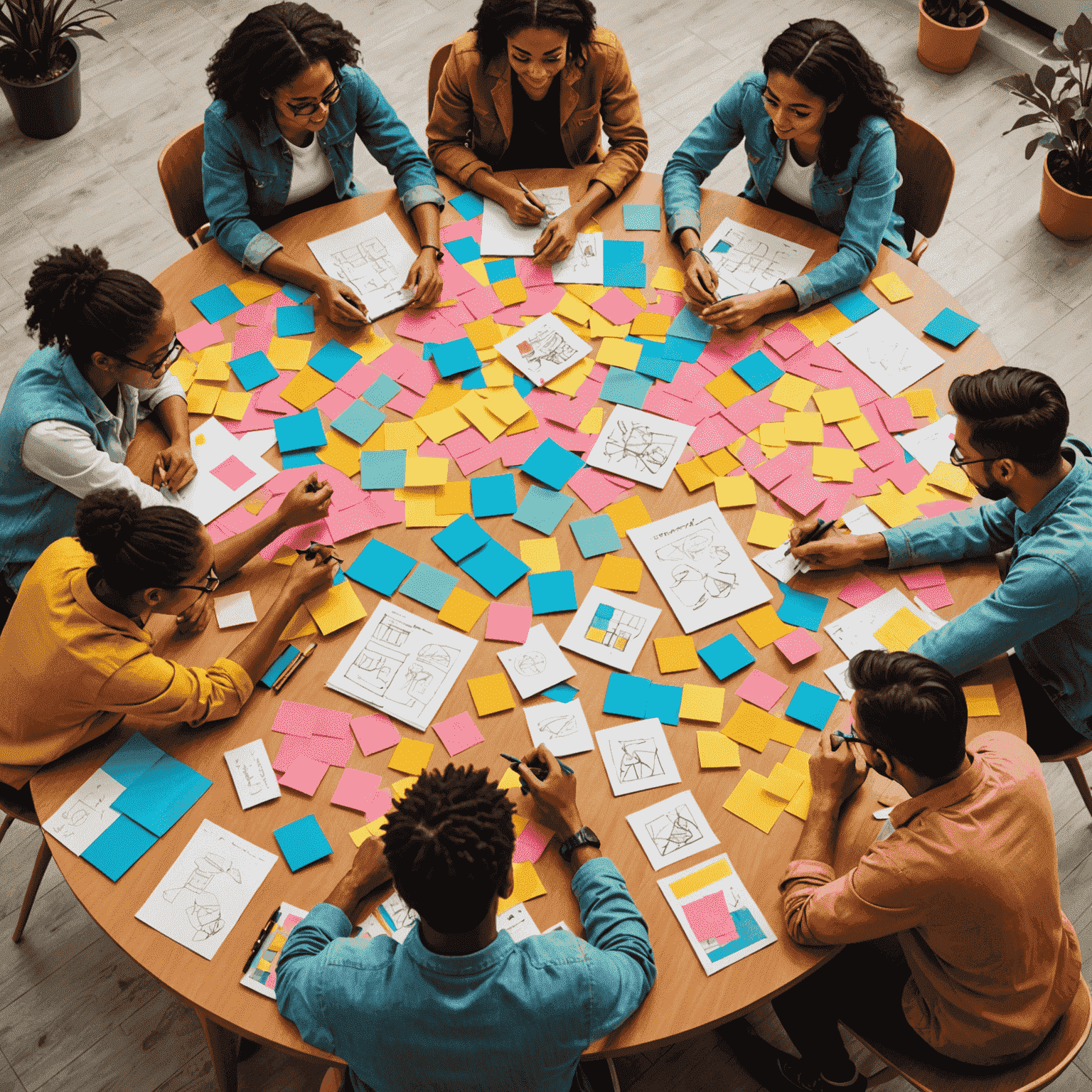 Zanidia's design team gathered around a table covered in colorful sticky notes and concept sketches