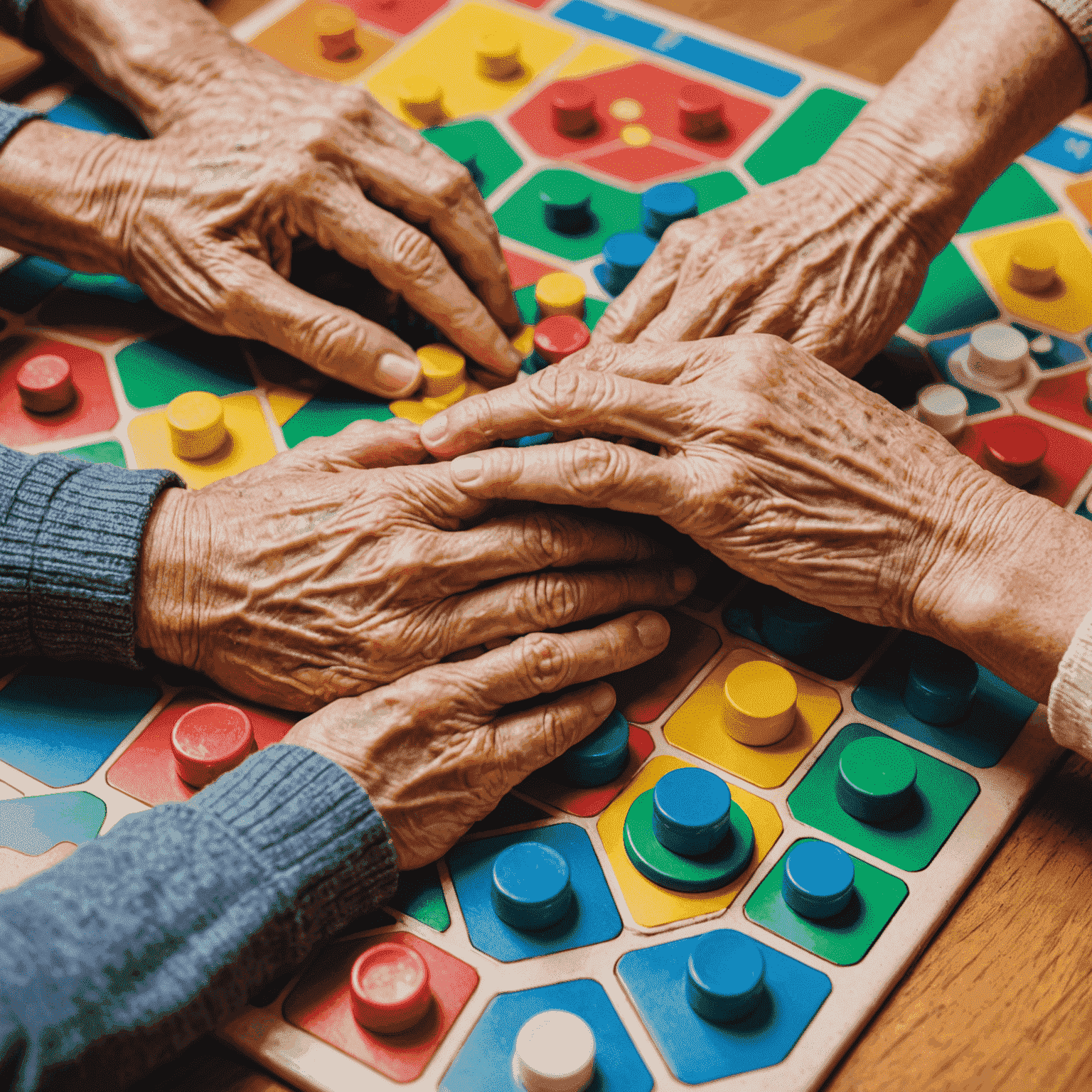 Close-up of hands from different generations moving game pieces on a colorful board game. The image shows the diversity of ages, from a child's small hand to an elderly person's wrinkled hand, all engaged in the same game.