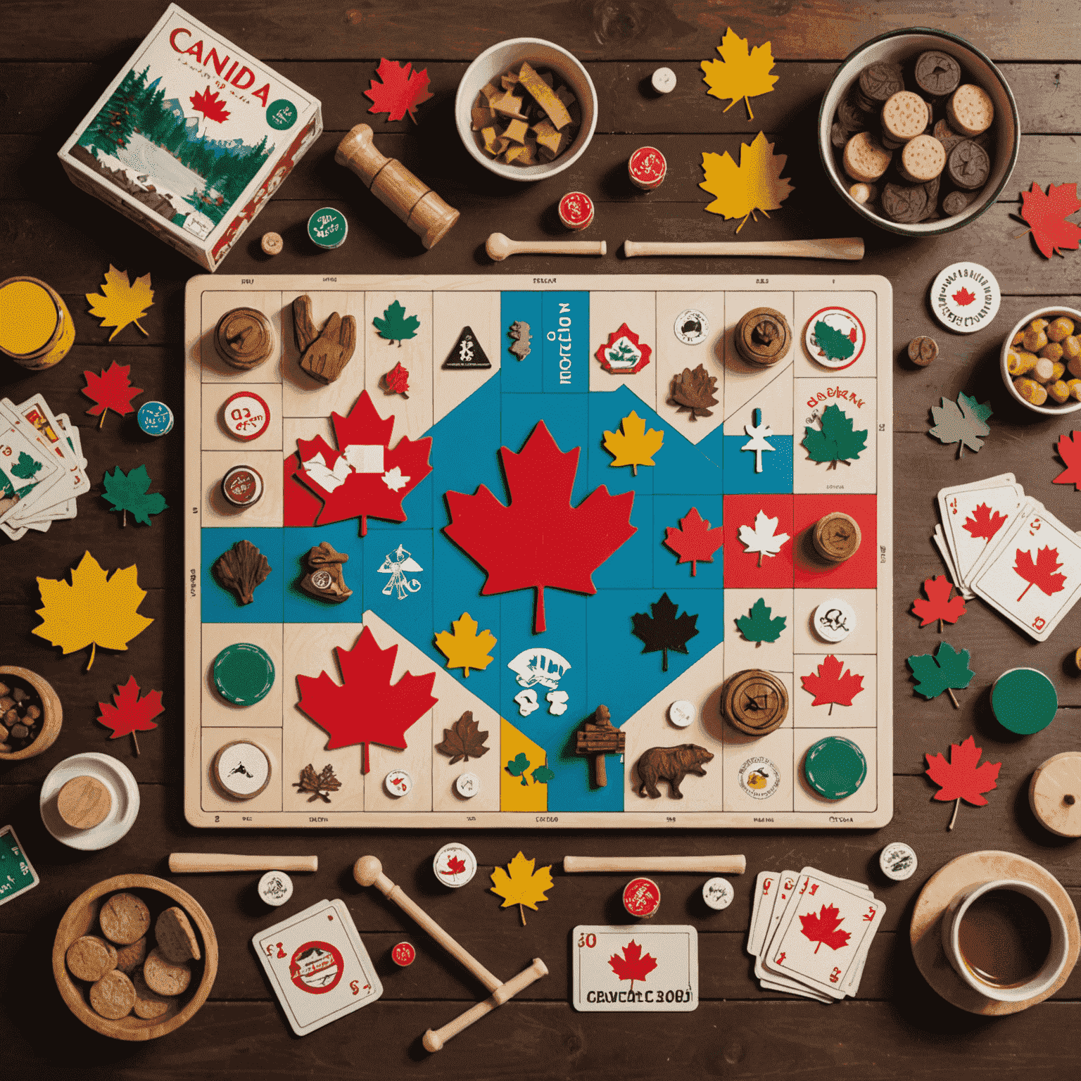 A collage of Canadian-themed board game elements including maple leaves, beavers, mountains, and hockey sticks, arranged on a wooden table with game pieces