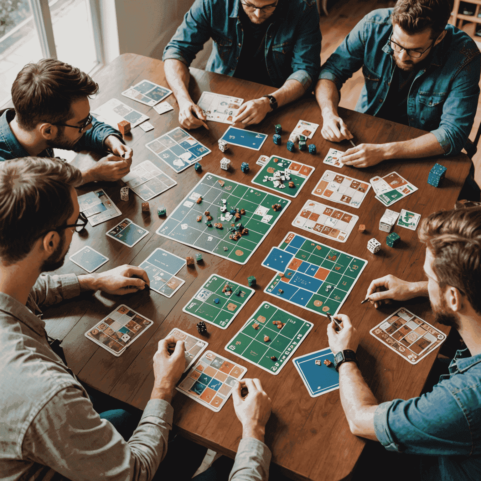Game designers at a table covered with cards, dice, and prototype game pieces, discussing and testing game mechanics
