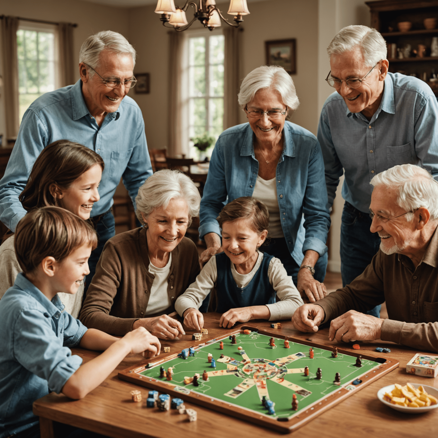 A heartwarming scene of a multigenerational family enjoying a board game together. The image shows grandparents, parents, and children gathered around a table, engaged in gameplay. Their expressions convey joy, concentration, and bonding.