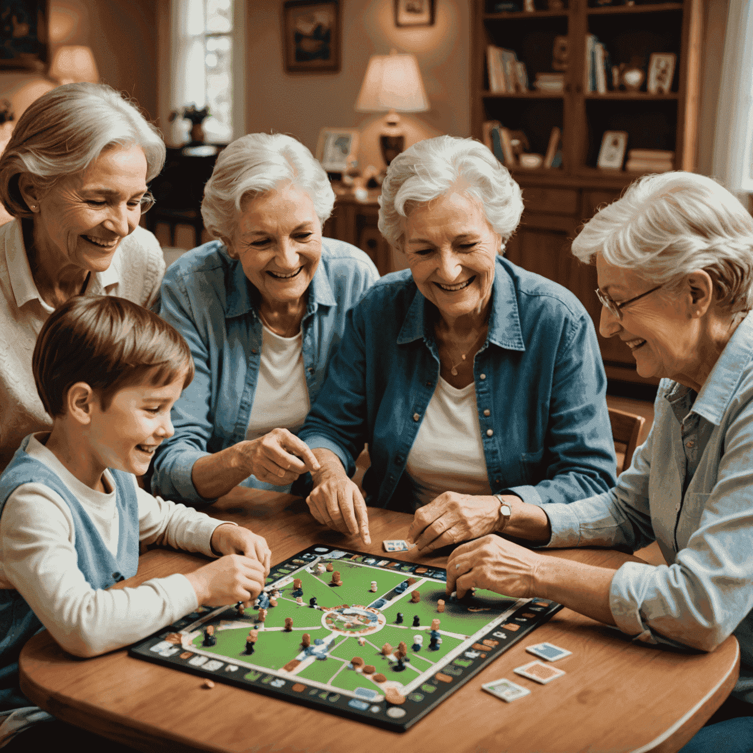 A heartwarming scene of multiple generations playing a board game together. Grandparents, parents, and children are shown engaged in gameplay, smiling and interacting.