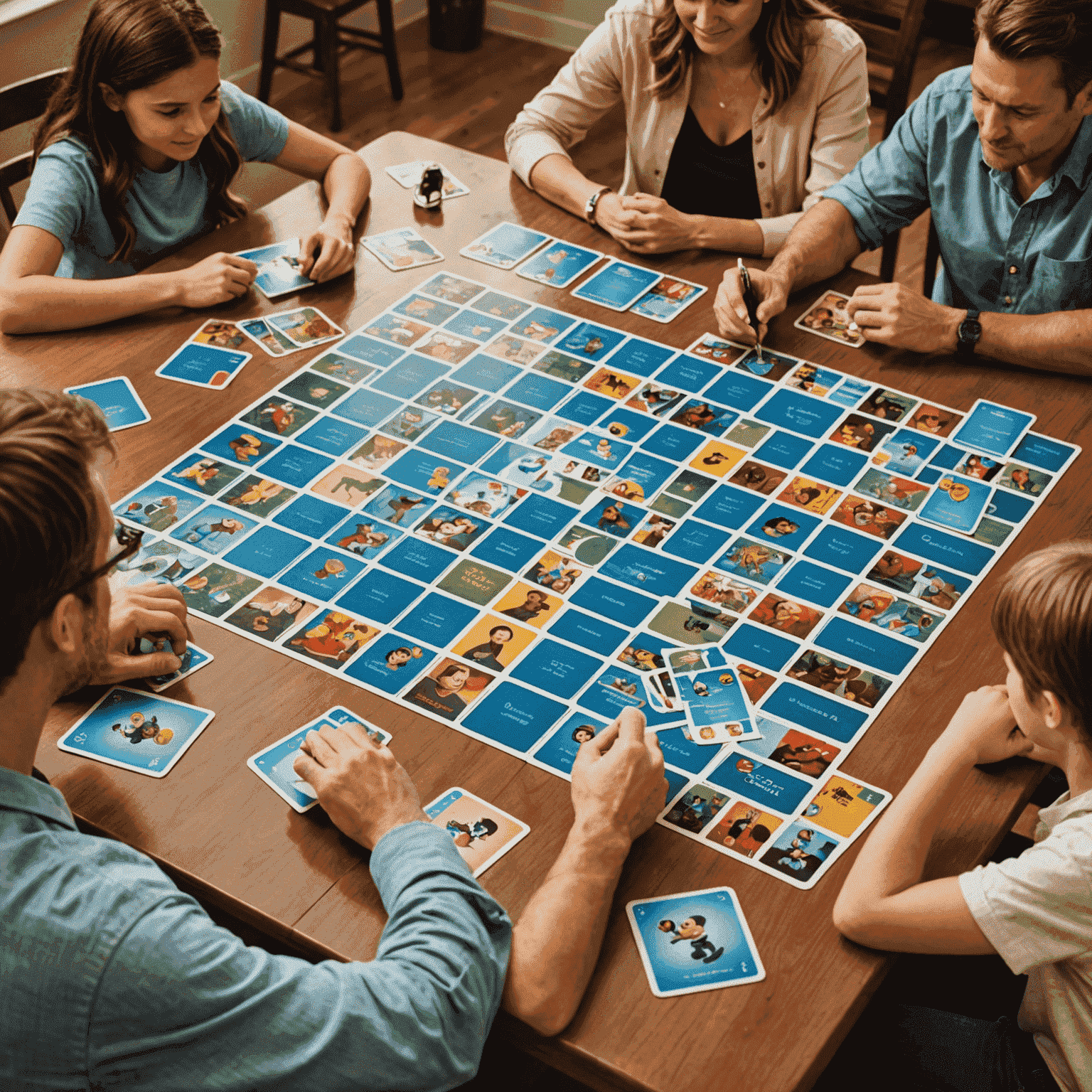 A family gathered around a table playing Codenames: Disney Family Edition, with Disney character cards laid out in a grid