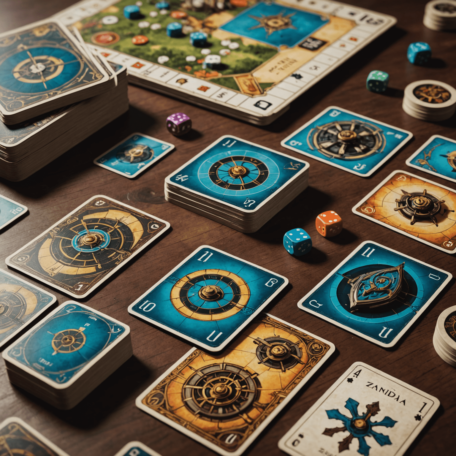 Close-up of game pieces, cards, and a partially completed game board showcasing Zanidia's unique game mechanics