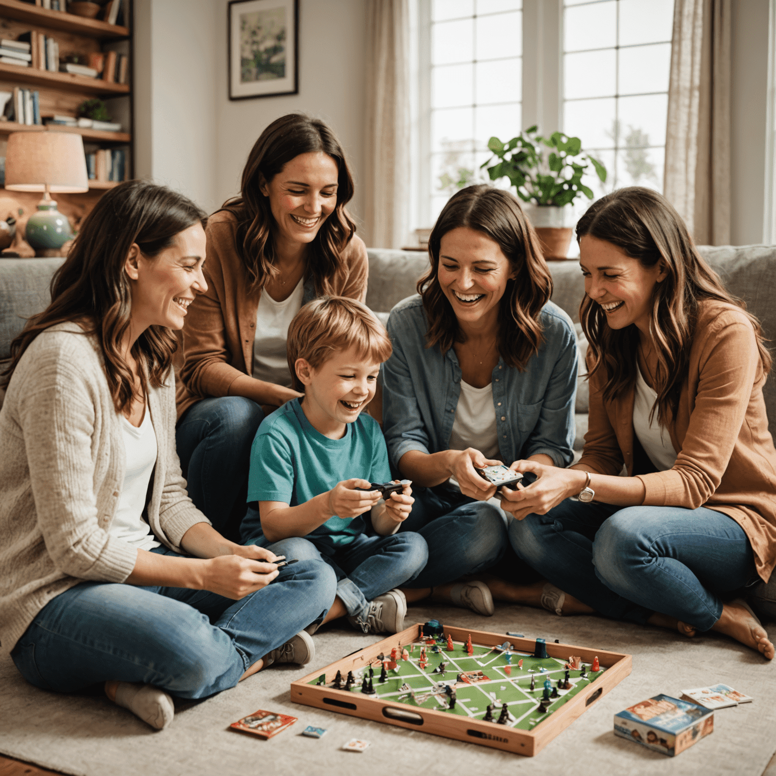 A living room scene with a family laughing and playing a board game. Electronic devices are visibly set aside, emphasizing the 'unplugged' nature of their quality time together.