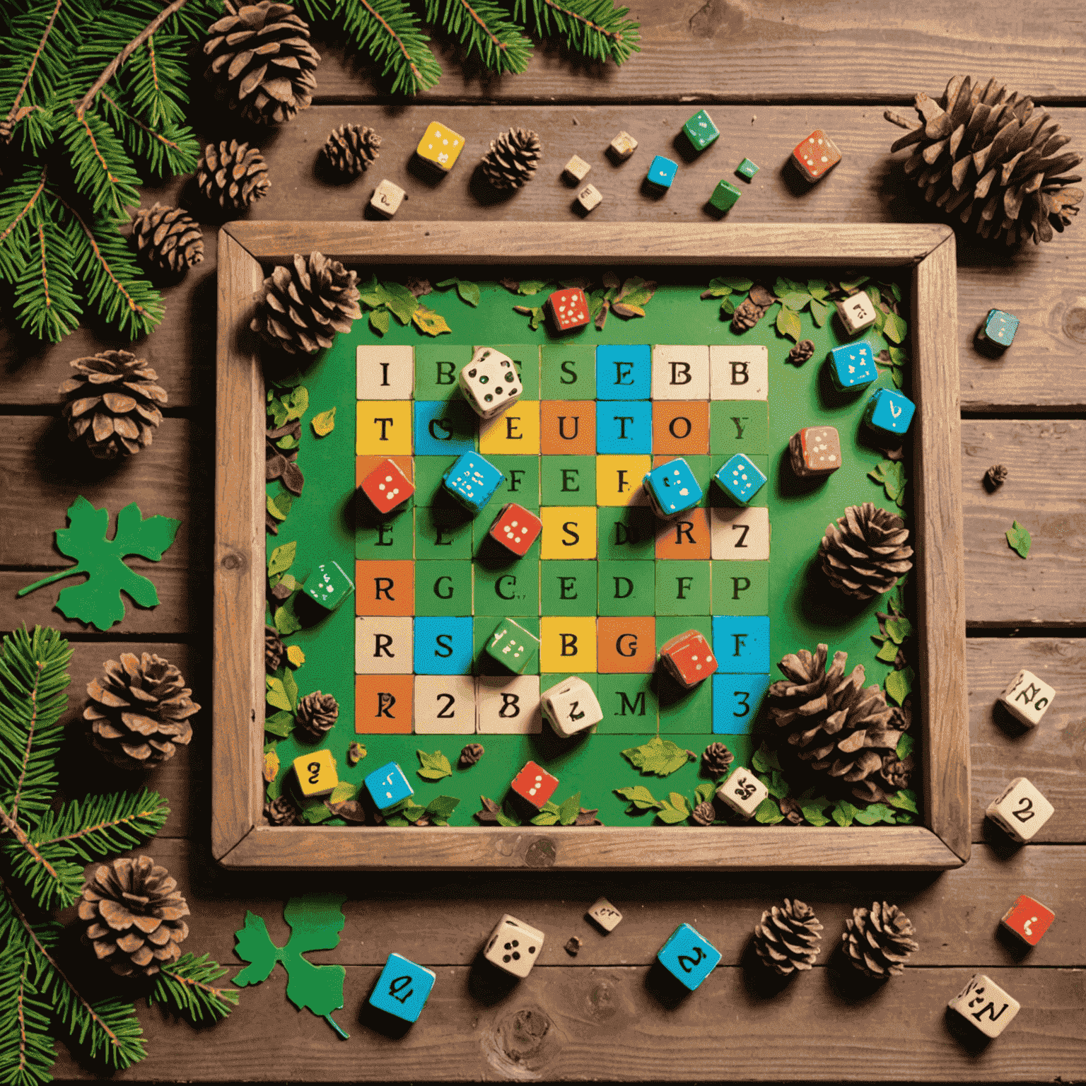 Eco-friendly board game components made from recycled materials, displayed on a rustic wooden table with pine cones and leaves as decoration