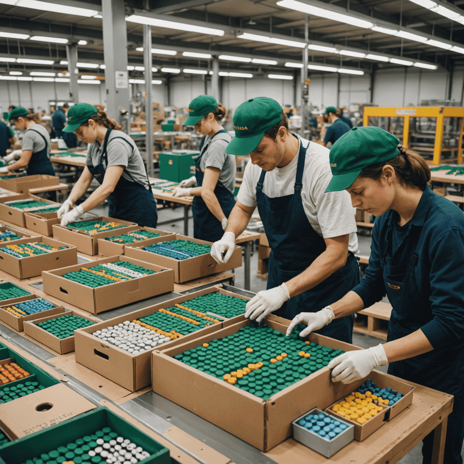 A production line showing Zanidia games being assembled, with workers carefully placing game components into boxes