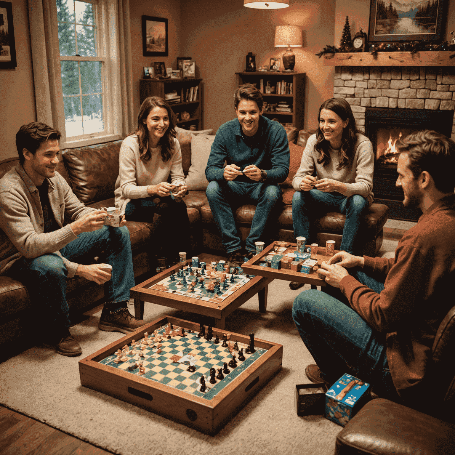 A cozy Canadian living room setting with a group of friends playing board games. The image includes Canadian-themed decorations and snacks, showcasing the local gaming culture.