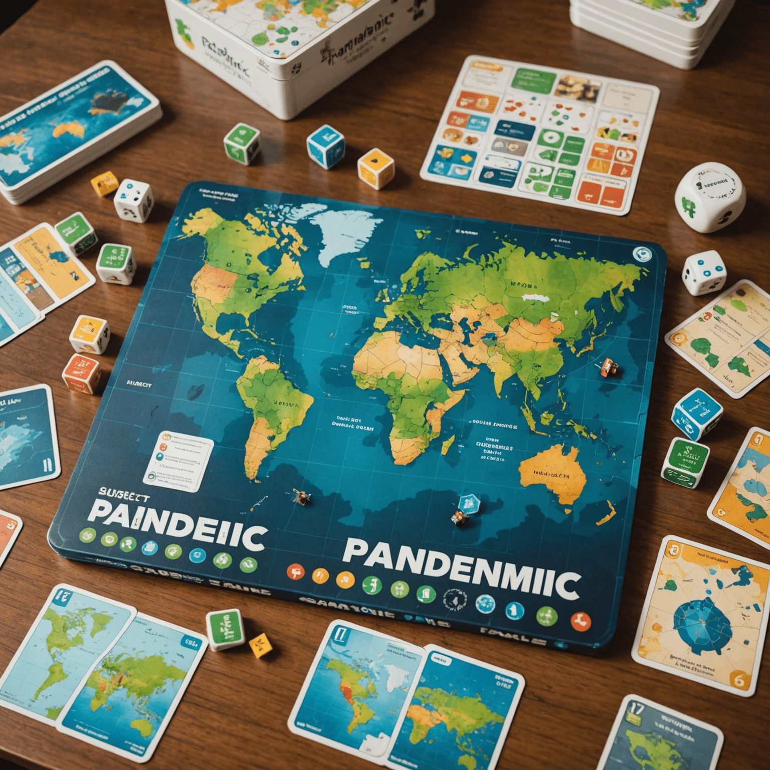 The Pandemic: Family Edition game set up on a table, showing the world map board, disease cubes, and player cards