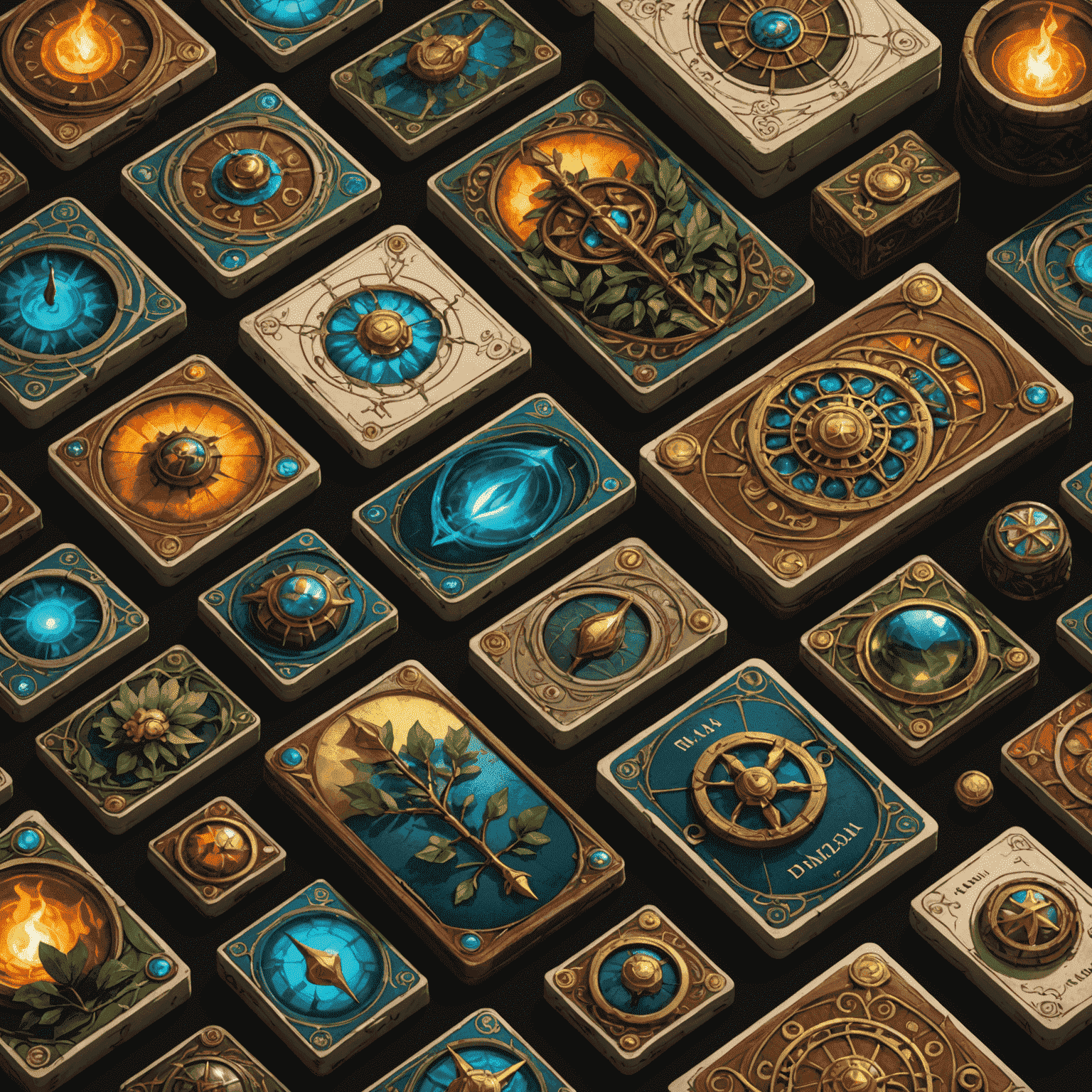 An array of beautifully illustrated game components from various Zanidia games, showcasing the artistic style and attention to detail
