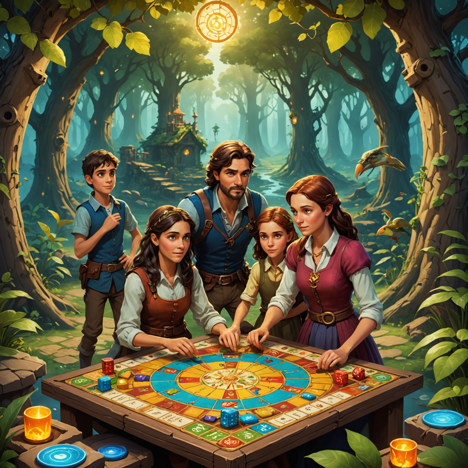 A family playing Zanidia's Family Quest, featuring a fantastical game board with various challenges and colorful character pieces